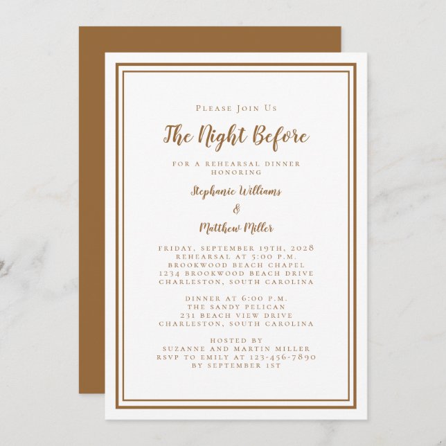 Rehearsal Dinner Wedding Night Before Brown White Invitation (Front/Back)