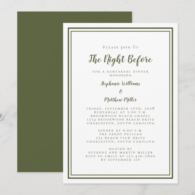 Rehearsal Dinner Wedding Night Before Green White Invitation (Front/Back)