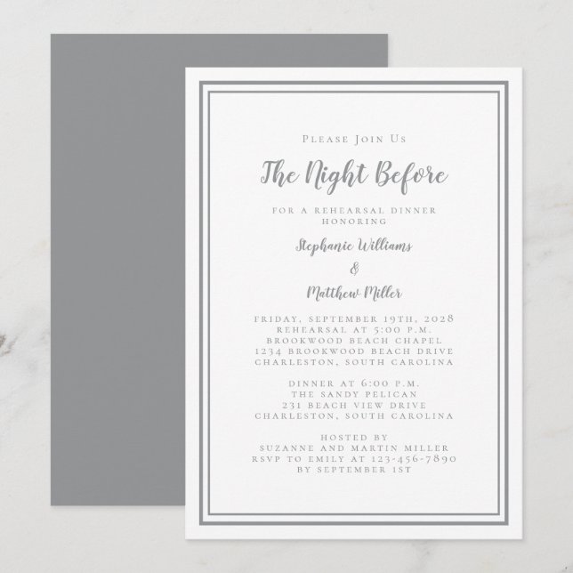 Rehearsal Dinner Wedding Night Before Grey White Invitation (Front/Back)