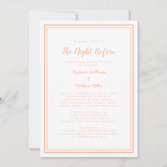 Rehearsal Dinner Wedding Night Before Peach White Invitation (Front)