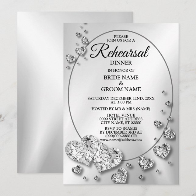 Rehearsal Dinner Wedding Party Silver Shiny Hearts Invitation (Front/Back)