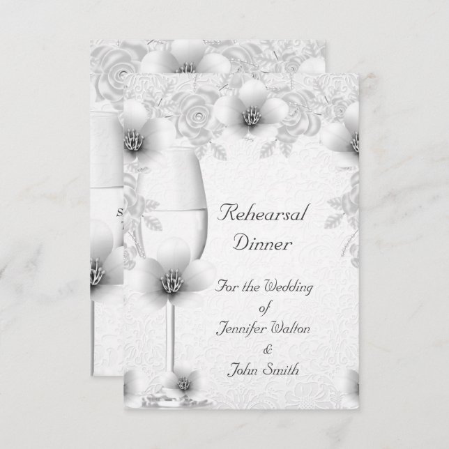 Rehearsal Dinner Wedding Silver White Rose Blossom Invitation (Front/Back)