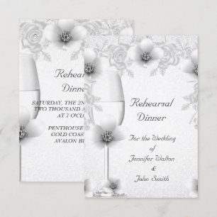 Rehearsal Dinner Wedding Silver White Rose Blossom Invitation