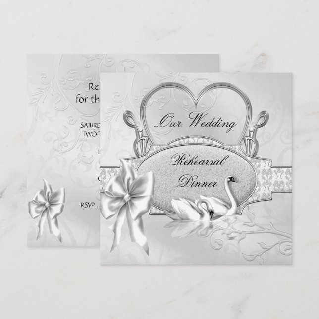 Rehearsal Dinner Wedding Silver White Swans Heart Invitation (Front/Back)