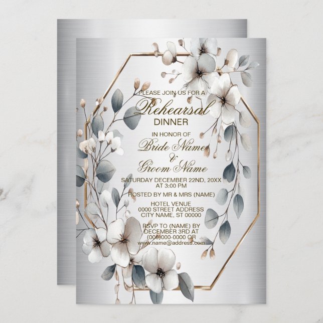 Rehearsal Dinner White Flowers Golden Frame Silver Invitation (Front/Back)