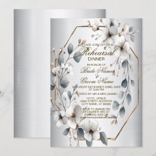 Rehearsal Dinner White Flowers Golden Frame Silver Invitation