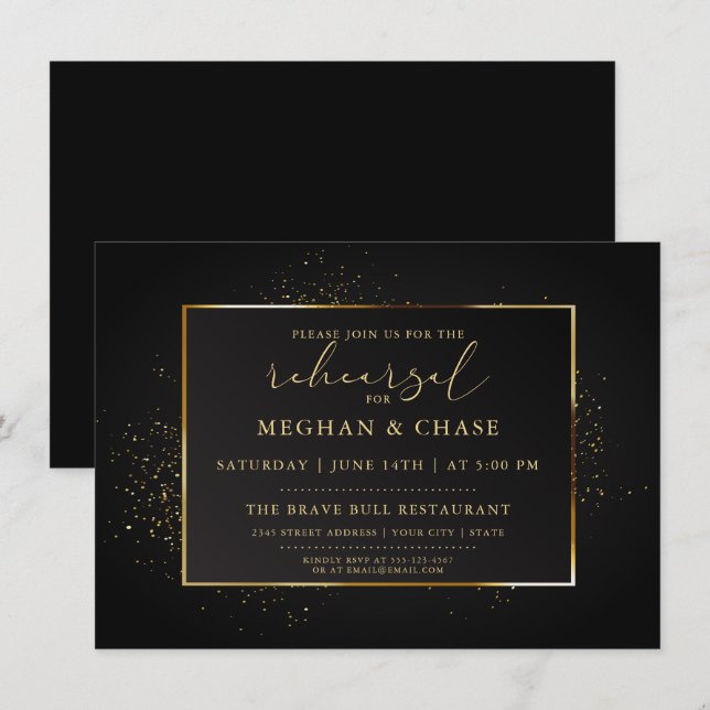 REHEARSAL | Elegant Black and Gold Glitter Invitation (Front/Back)