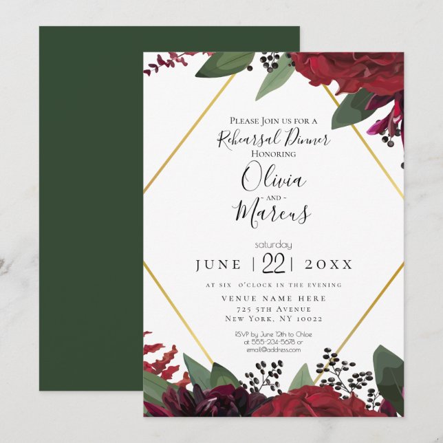REHEARSAL  | Elegant Rich Burgundy Marsala Floral Invitation (Front/Back)
