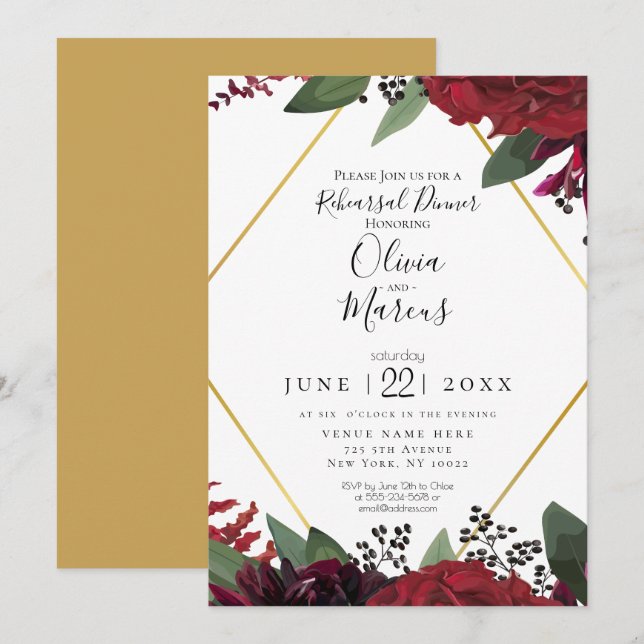 REHEARSAL  | Elegant Rich Burgundy Marsala Floral Invitation (Front/Back)