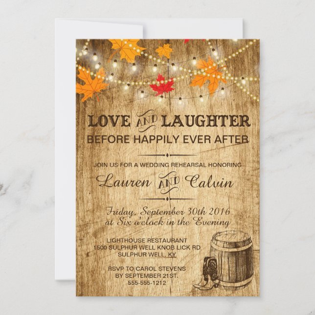 Rehearsal invitation for a country wedding in Fall (Front)