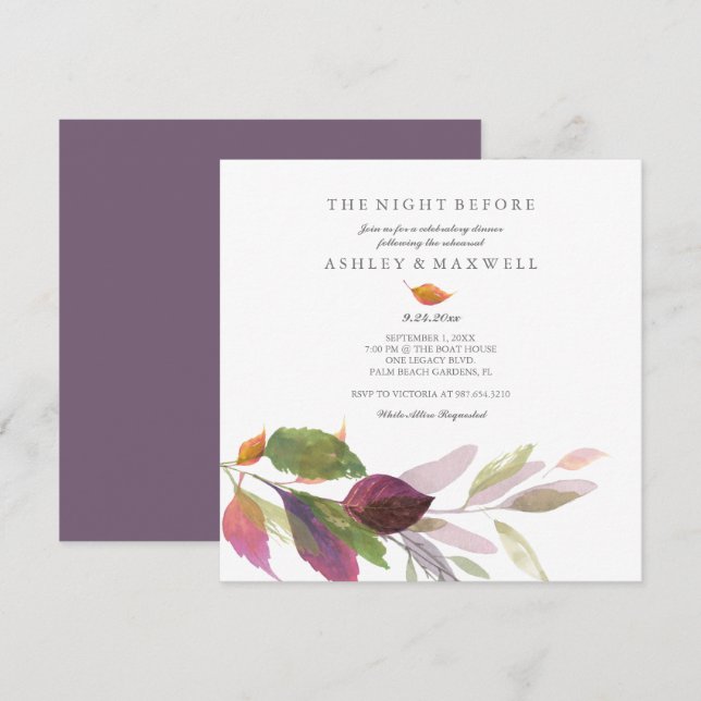 Rehearsal Invitations Watercolor Fall Leaves Plum (Front/Back)