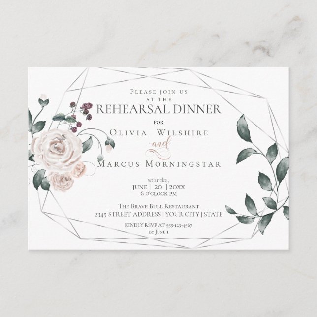 Rehearsal  | Watercolor Blush Rose Floral Silver Enclosure Card (Front)
