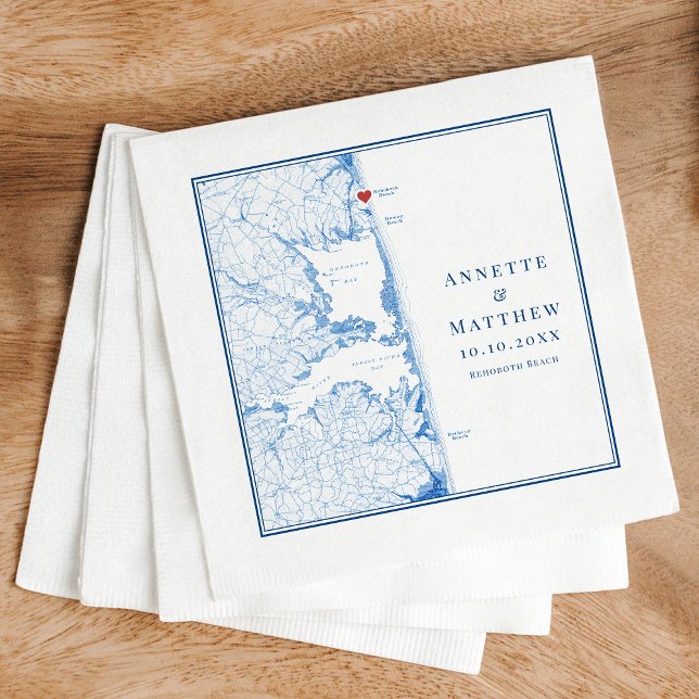 Rehoboth Beach Delaware Map Elegant Navy Wedding Napkin (Elegant Rehoboth Beach Delaware map custom napkins with navy blue map from Coastal Map Designs)