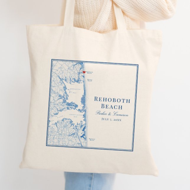 Rehoboth Beach Delaware Navy Blue Wedding Tote Bag (Rehoboth Beach Delaware Tote Bag elegant navy blue wedding favor welcome bag by Coastal Map Designs)