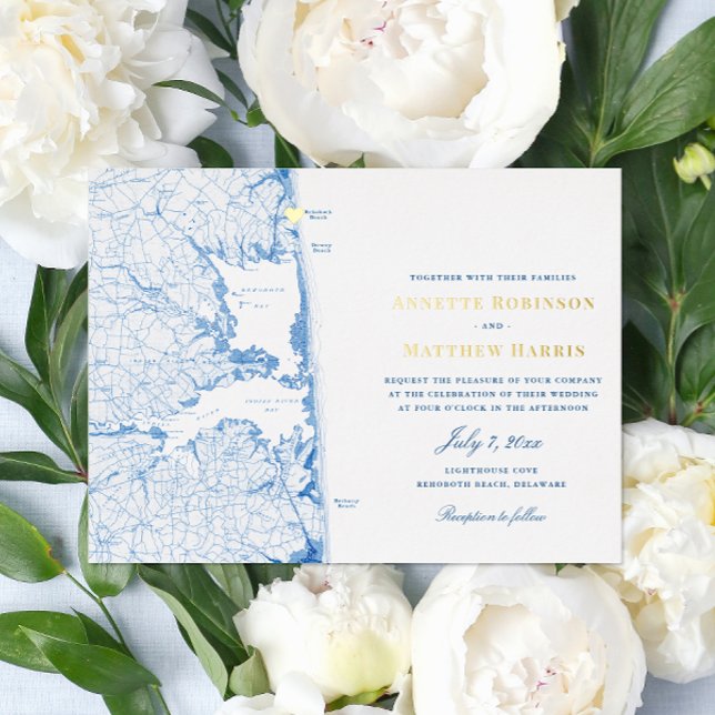 Rehoboth Beach Delaware Wedding Navy and Gold  (Rehoboth Beach Wedding Invitations with elegant gold foil printing and navy blue typography )