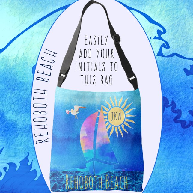 Rehoboth Beach Watercolor Sailboat Sparkling Water Crossbody Bag (Creator Uploaded)
