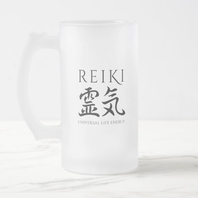Reiki 霊気 Japanese Calligraphic Life Energy Frosted Glass Beer Mug (Left)