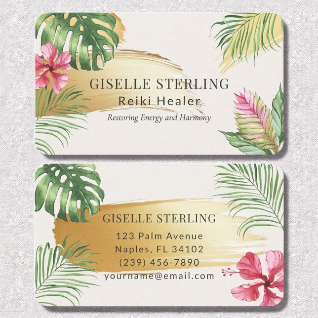 Reiki Healer Tropical Gold Brushed Watercolor Business Card (Creator Uploaded)