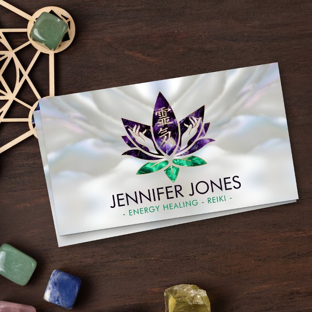 Reiki Healing Hands and Lotus - Amethyst & Jade Business Card (Creator Uploaded)
