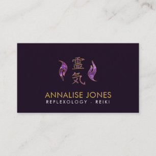 Reiki Healing symbol and hands amethyst and gold Business Card
