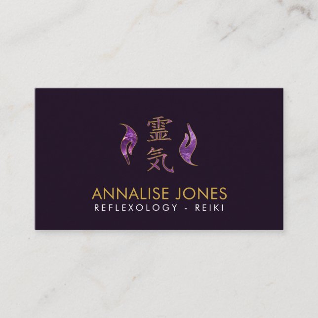 Reiki Healing symbol and hands amethyst and gold Business Card (Front)