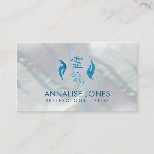 Reiki Healing symbol and hands aquamarine stone Business Card (Front)