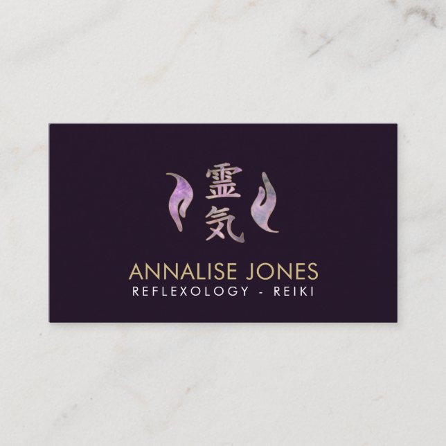 Reiki Healing symbol and hands fluorite and gold Business Card (Front)