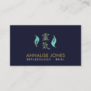 Reiki Healing symbol and hands on teal glass Business Card