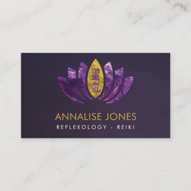 Reiki Healing Symbols Amethyst Gold on Lotus Business Card (Front)