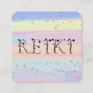 *~*  REIKI Ivy Typography Pastel Gold Glitter Square Business Card