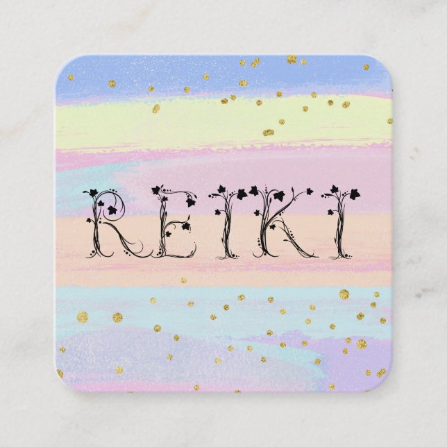 *~*  REIKI Ivy Typography Pastel Gold Glitter Square Business Card (Front)
