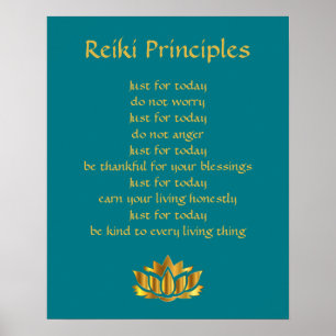Reiki Principles Teal/Gold Lotus Poster