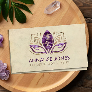 Reiki symbol and hands in Lotus Amethyst and Gold Business Card