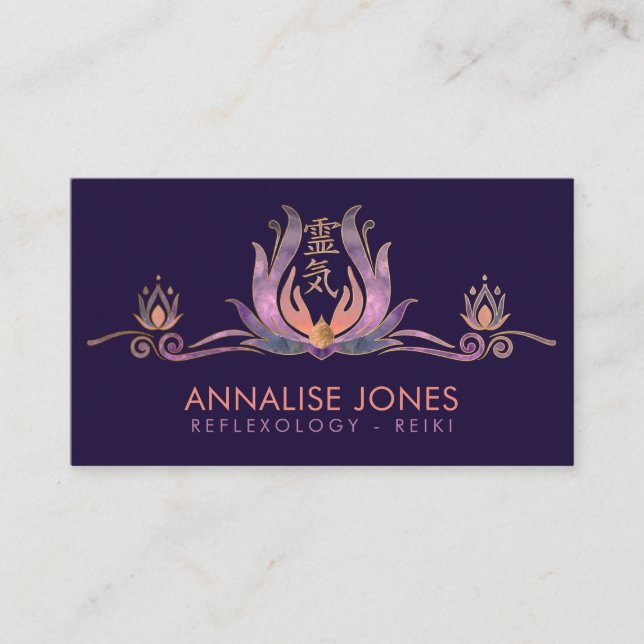 Reiki symbol and hands in Lotus Fluorite and Gold  Business Card (Front)