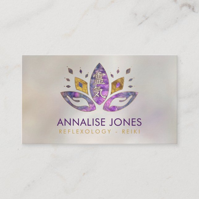 Reiki symbol and hands in Lotus Fluorite and Gold Business Card (Front)