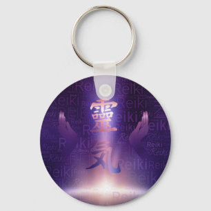 Reiki Symbols and healing hands on purple light Key Ring