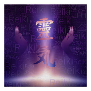 Reiki Symbols and healing hands on purple light Poster