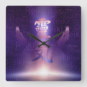 Reiki Symbols and healing hands on purple light Square Wall Clock
