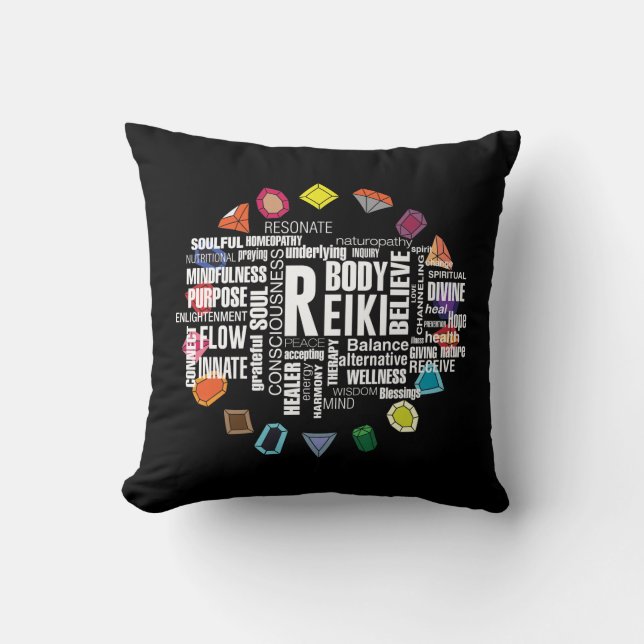 Reiki Terms Wordcloud Crystal Energy Stones Cushion (Front)