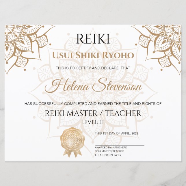 Reiki Yoga Certificate of Completion (Front)