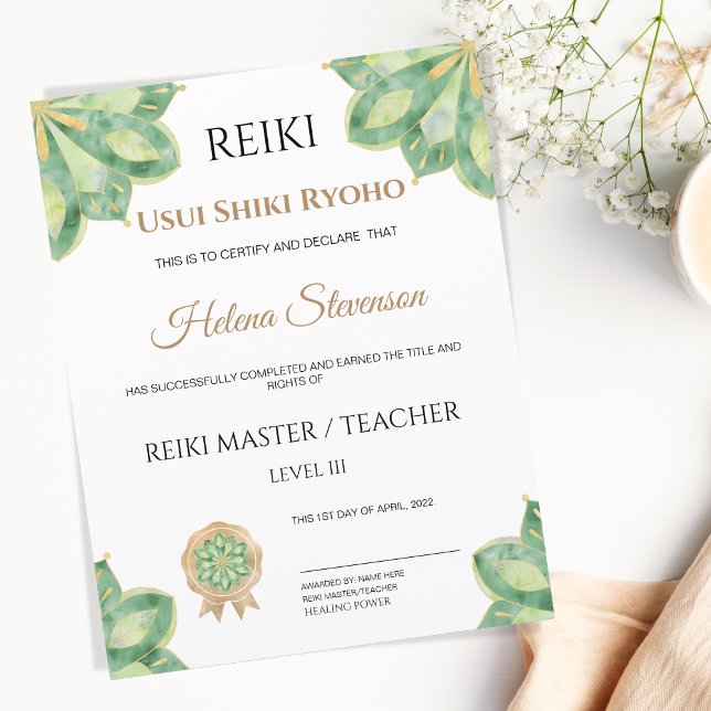 Reiki Yoga Certificate of Completion (reiki certificate green watercolor mandala)