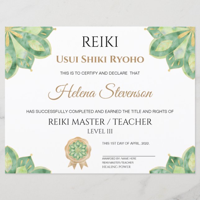 Reiki Yoga Certificate of Completion (Front)