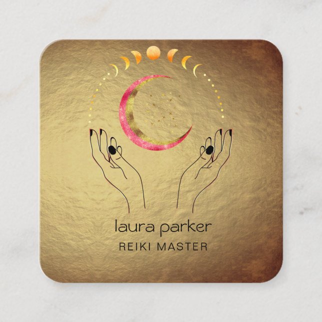 Reiki Yoga Healing Hands Crescent Moon Phases Square Business Card (Front)