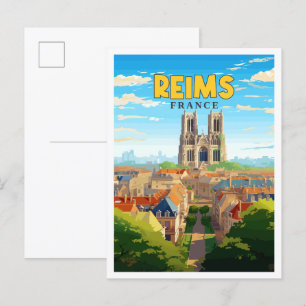 Reims France vintage travel illustration Postcard