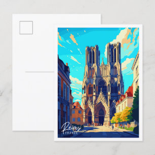 Reims France vintage travel illustration Postcard