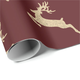 Reinadeer New Year  Burgundy Red Maroon Gold Wrapping Paper