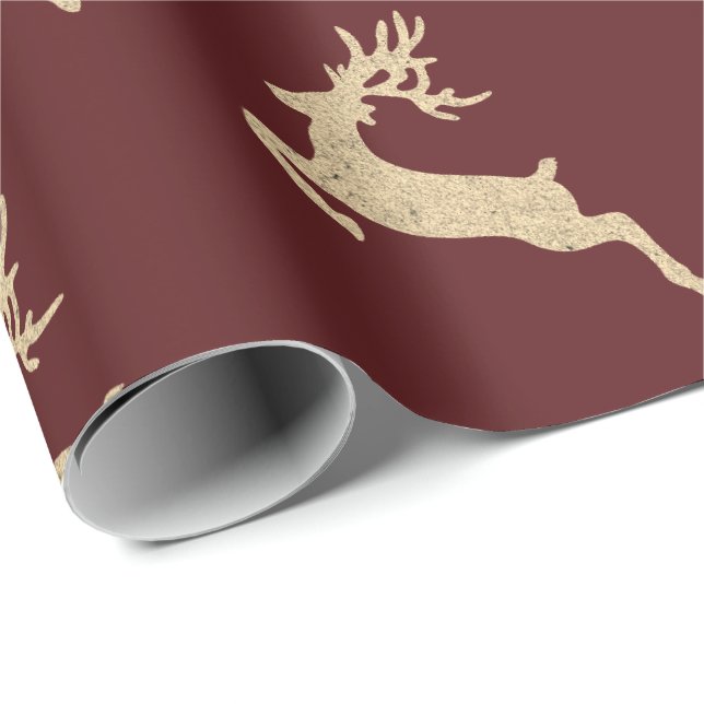 Reinadeer New Year  Burgundy Red Maroon Gold Wrapping Paper (Roll Corner)