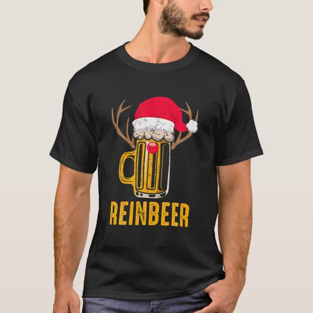 Reinbeer Santa Claus Reindeer Drinking Beer Funny T-Shirt (Front)