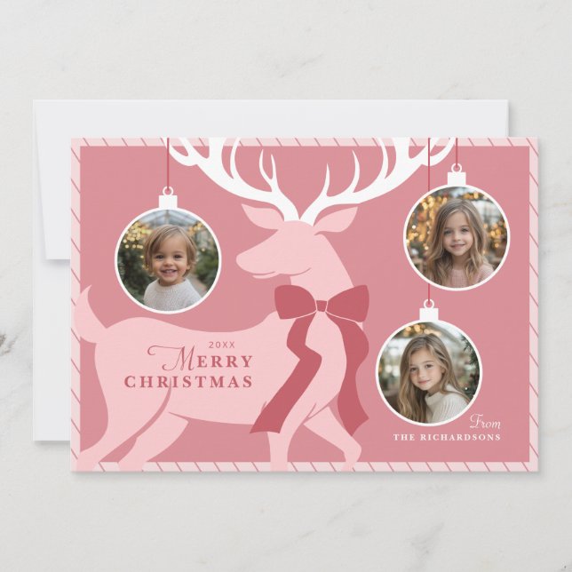 Reindeer 3 Photos Pink Christmas Card (Front)
