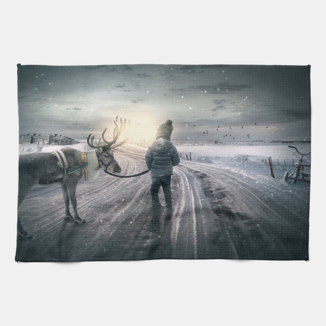 Reindeer and Boy Fairytale Tea Towel (Horizontal)